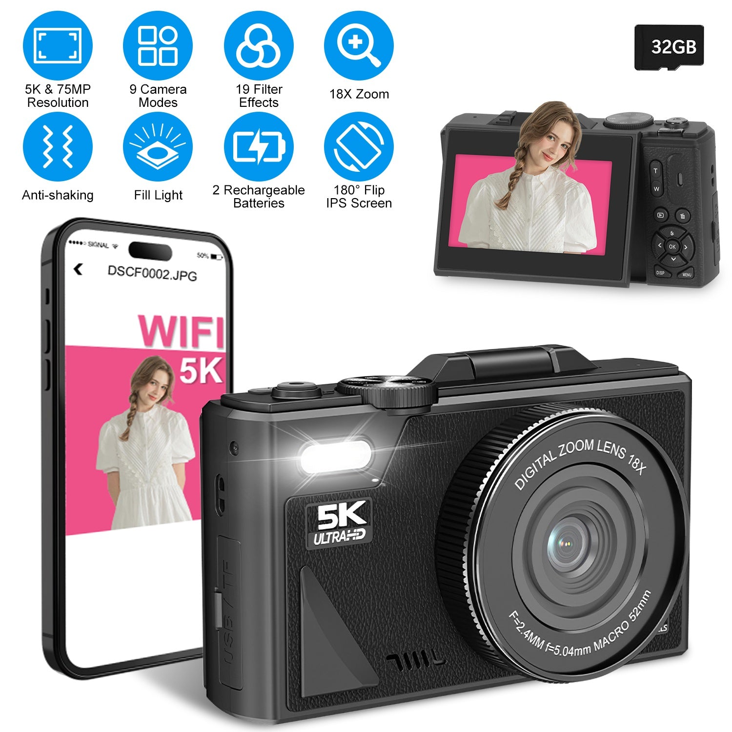 1Pc 5K 75MP Digital Camera For Photography Anti Shake WiFi Vlogging Video Camera With 9 Shooting Mod